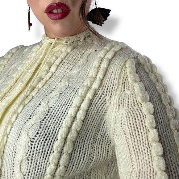 Vintage Sweaters - 1970's cream cable knit cardigan with tassels